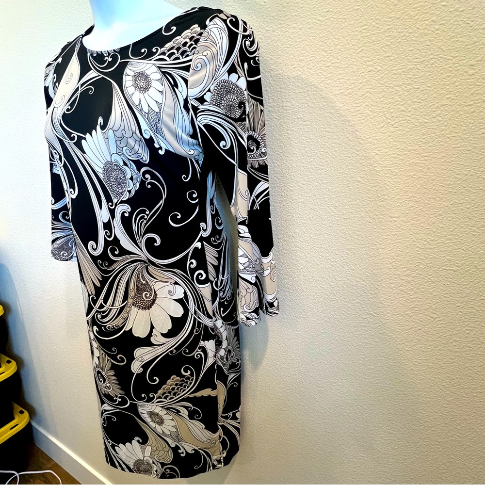 Glamour women black white tan floral midi dress trumpet sleeve round neck Sz 8 - Picture 7 of 16